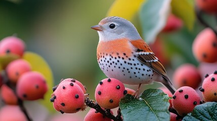 Poster - A small bird sits on the branch of a tree, surrounded by leaves and possibly some flowers