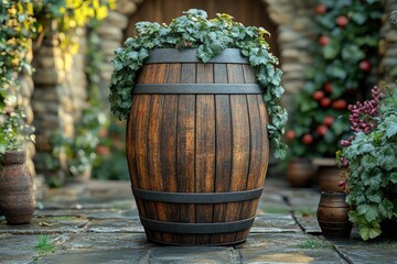 Poster - A wooden barrel placed on a stone floor, ideal for rustic or vintage-themed uses