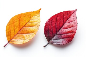 Poster - Close-up of two differently colored leaves on a white background, suitable for nature or design concepts