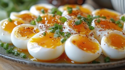 Poster - A plate filled with hard-boiled eggs on a table