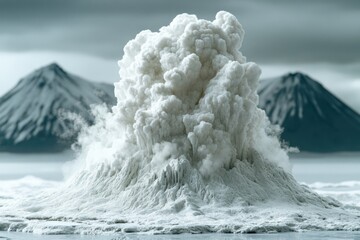 Poster - A large plume of smoke rises from a mountain, suggesting volcanic activity or a forest fire