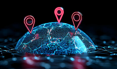 Poster - Digital Globe with Location Pins on a Futuristic Background