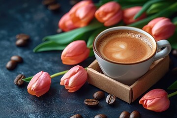 Poster - A cup of coffee and some fresh pink tulips
