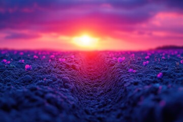 Poster - A picturesque scene of a field of flowers with the sunset in the background