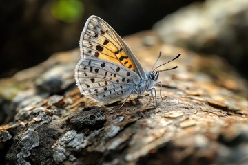 Poster - Close-up shot of a butterfly perched on a rock, with intricate details and natural textures