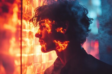 Poster - A person standing before a wall engulfed in flames, potential use for dramatic or apocalyptic scenes