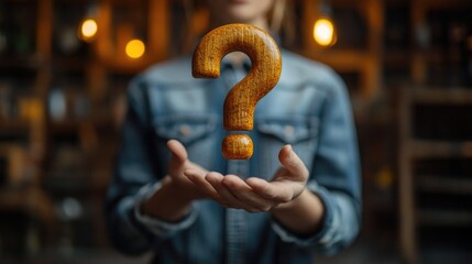 Poster - A woman holds a wooden question mark symbol, conveying curiosity and inquiry