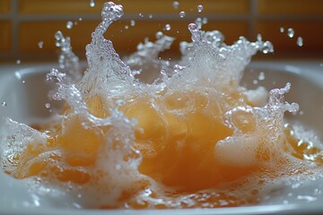 Poster - A shot of freshly squeezed orange juice in a glass, with a few ice cubes and a slice of orange floating on top