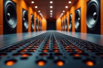 Poster - A long hallway with speakers on the orange walls