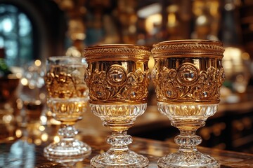 Poster - A close-up view of two ornate gold goblets sitting on a table