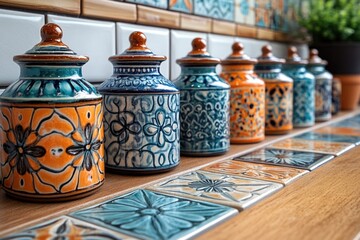 Poster - A row of ceramic jars sitting on a counter