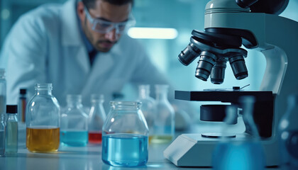 Poster - Lab interior featuring microscope, glass vials with colorful liquids. Scientist studies samples, develops medicine, research, innovation. Biopharmaceutical breakthroughs impact economic growth.
