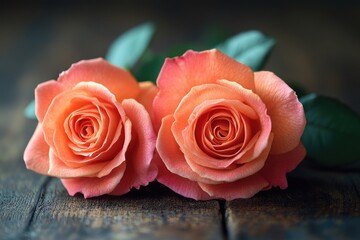 Poster - Two pink roses placed on top of a wooden table, great for decoration or gift giving