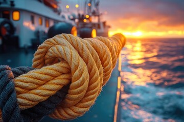 Poster - Close-up shot of a rope on a boat deck, suitable for travel or adventure related themes