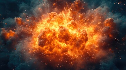 Poster - A massive explosion of orange and yellow smoke fills the air, with debris scattered everywhere