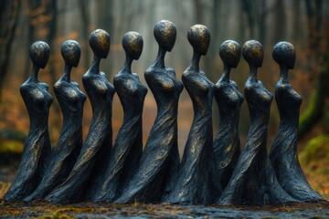 Poster - Group of life-sized bronze statues depicting people in a serene forest setting, ideal for use in environmental or artistic contexts