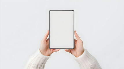 Poster - Hands Holding Empty Tablet on Minimalist Background for Presentation