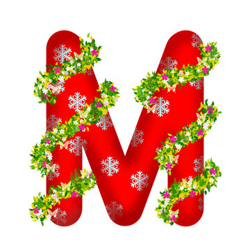 Letter M design with floral and vine pattern with butterfly. Perfect for floral themed decoration or invitation. Vector illustration, art and festival drawing.