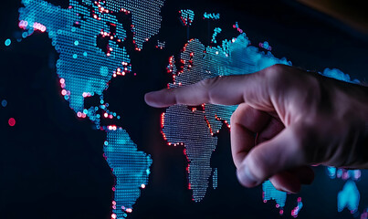 Poster - Hand Pointing at Digital World Map in Technology and Connectivity Theme