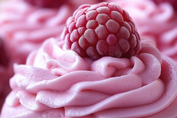 Poster - A close-up shot of a pink frosted cupcake with a raspberry on top