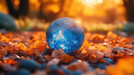 Poster - A blue glass ball perched atop a pile of autumn leaves, perfect for still life or nature-inspired compositions