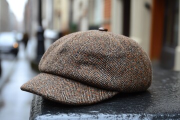Poster - A simple brown hat resting on top of a plain black post, providing a minimalist backdrop for creative use