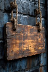 Poster - A wooden sign hangs from a brick wall, providing directions or information