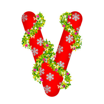 Letter V design with floral and vine pattern with butterfly. Perfect for floral themed decoration or invitation. Vector illustration, art and festival drawing.