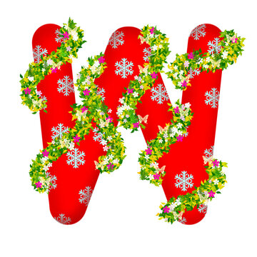 Letter W design with floral and vine pattern with butterfly. Perfect for floral themed decoration or invitation. Vector illustration, art and festival drawing.