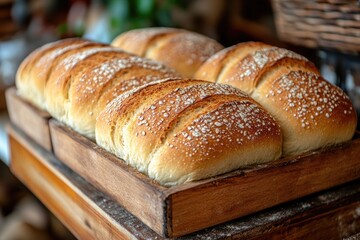 Poster - A bundle of fresh bread sits atop a rustic wooden tray, perfect for serving or displaying