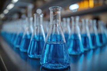 Aufkleber - A collection of blue glass flasks sitting on a table, ready for use or display