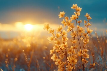 Poster - Field of flowers with sunset in the background, ideal for use in travel or nature photography