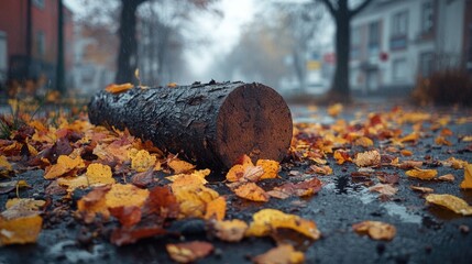 Aufkleber - A tree trunk lying on the ground covered in fallen leaves, great for autumn or nature scenes