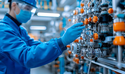 Poster - Technician in Blue Suit Adjusts Equipment in Industrial Facility