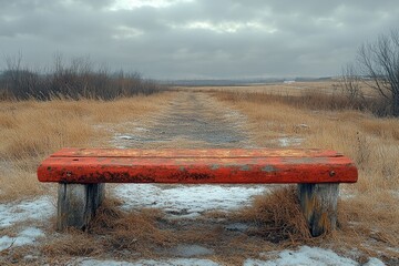 Aufkleber - A simple red bench sits amidst a green landscape, perfect for a picnic or relaxing in nature