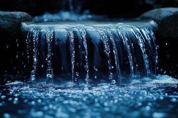 Poster - A close-up shot of a small waterfall flowing into the surrounding water