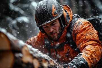 Poster - A person cutting wood with a chainsaw, isolated on a yellow background