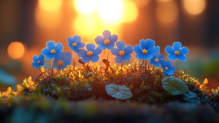 Poster - A group of blue flowers sitting on top of a lush green field, great for nature and outdoor scenes