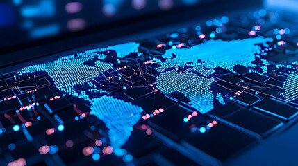 Poster - Digital World Map Illustration with Blue Circuit Pattern Design