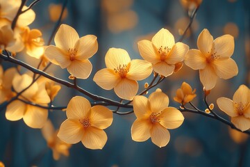 Poster - A bundle of bright yellow flowers growing on a green branch