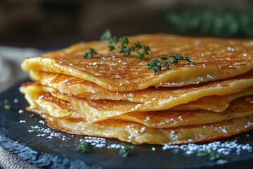 Poster - A stack of fluffy pancakes sits on a dark-colored plate, ready to be devoured