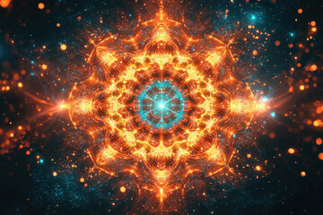 Poster - Intricate fiery orange mandala against a dark teal cosmic backdrop, radiating energy and intricate detail.