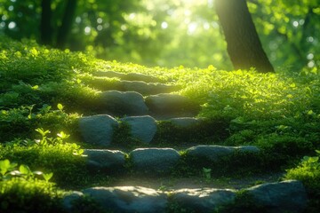 Poster - A serene and peaceful scene featuring a winding stone path surrounded by dense foliage