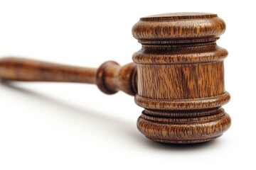 Poster - A simple wooden gavel lying on a white surface, often used in courtrooms and law offices
