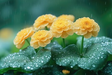 Poster - Close-up of yellow flowers growing on green leaves, great for spring or nature-inspired designs