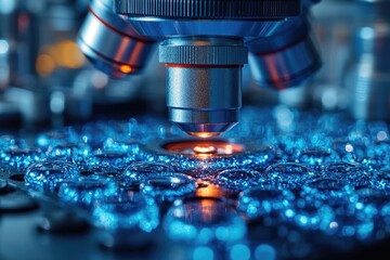 Aufkleber - A close-up view of a microscope sitting on a table, ready for use