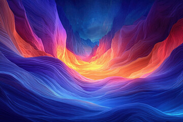 Poster - Vibrant, colorful abstract landscape; swirling waves of blue, purple, orange, and red create a surreal canyon scene.