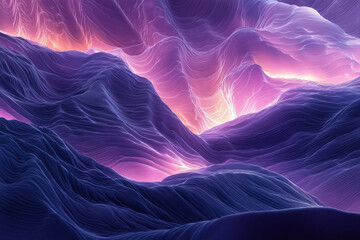 Poster - Abstract landscape of flowing purple and pink lines, creating a surreal and dreamy mountain range.