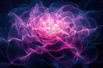 Poster - A vibrant, ethereal rose blooms with glowing pink and purple energy, a mesmerizing fractal art.