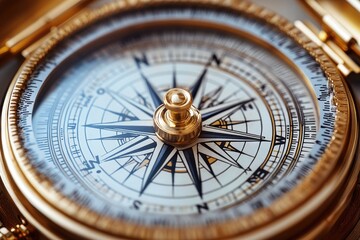 Poster - A close-up view of a compass on a wooden table, providing navigation guidance